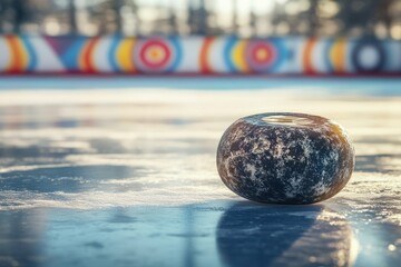 Poster - Close-up of a curling stone on ice rink.