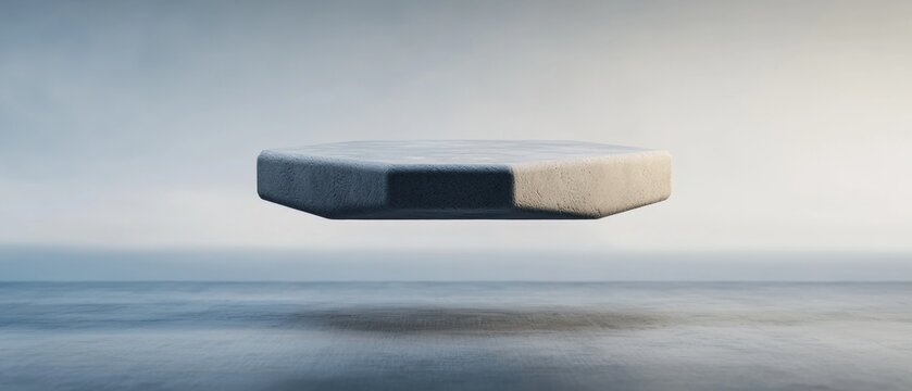 3d rendering of a concrete object floating in the air over a vast expanse of water. the object appears to be a hexagon-shaped object with a smooth surface and a slightly rough texture.
