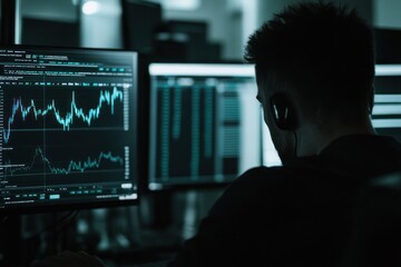 Poster - Man analyzing financial data on multiple monitors.