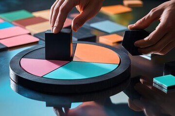 Aufkleber - Hands arranging colorful blocks on a pie chart, representing data analysis or strategic planning.