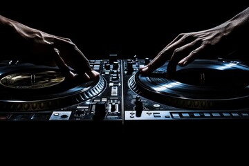 Poster - Close-up of two hands mixing music on a DJ turntable.