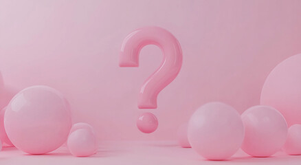 Poster - Large pink question mark surrounded by white spheres in a soft pastel setting