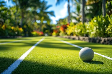 Aufkleber - A large stone ball rests on a lush green lawn with white lines, surrounded by tropical plants under a bright sunny sky.