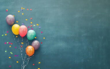 Aufkleber - Colorful balloons and confetti on a teal background.