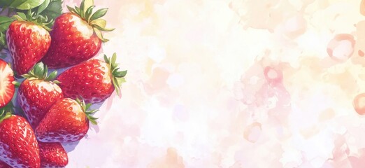 Poster - Fresh strawberries on pastel background, vibrant red strawberries with green leaves, artistic soft pastel backdrop, copy space for text
