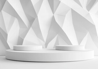Poster - Minimalist white podiums against geometric backdrop.