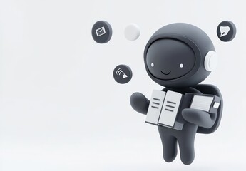 Poster - Cute robot holding book, surrounded by communication icons.