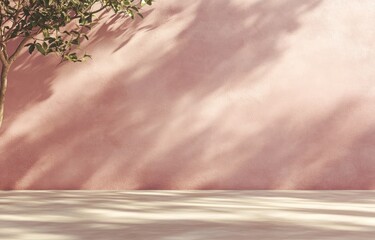 Poster - Pink wall with tree shadow and light wood floor.