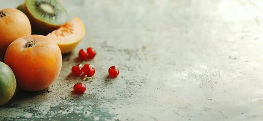 Poster - Fresh fruits assortment including kiwi, cantaloupe, and cherries on textured surface, copy space for text