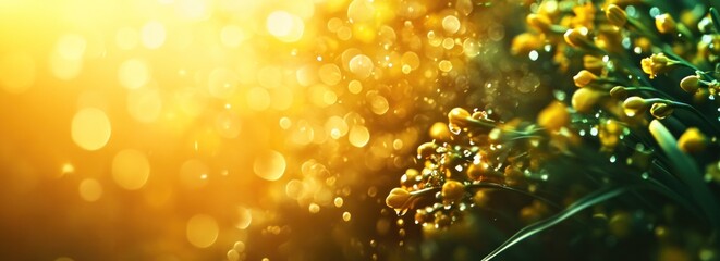 Fototapete - Golden hour sunlight illuminating dewy yellow flowers.