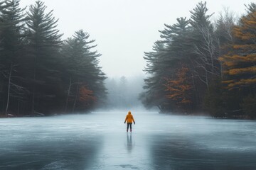 Poster - Solitary figure ice skating on a frozen lake in a misty forest.