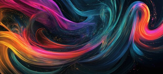 Poster - Colorful abstract swirls, vibrant hues blend seamlessly, creating dynamic motion and energy, intricate patterns, dark background enhances colors, copy space for text