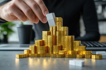 Poster - Hand placing white cube on gold cube pyramid.