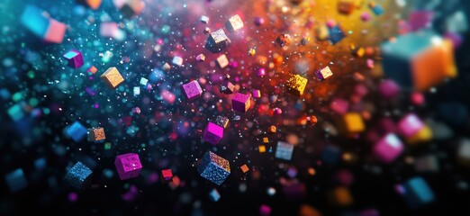 Poster - Colorful floating cubes in space, vibrant particles, abstract design, 3D rendering, dynamic composition, copy space for text