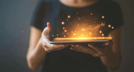 Leinwandbilder - woman holding tablet with glowing data.