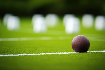 Poster - Close-up of a brown ball on a green lawn with white markers in the background.