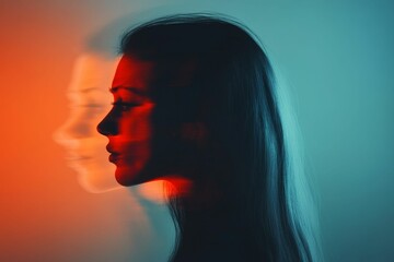 Poster - Double exposure portrait; woman's profile, colorful light.