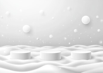 Leinwandbilder - Three white cylindrical podiums on a snowy, wavy surface with floating spheres.