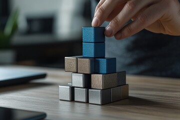 Poster - Close-up of hand building a tower of metallic blocks on a wooden desk.