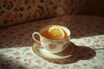 Poster - Steaming cup of tea with lemon slice on floral tablecloth in sunlight.