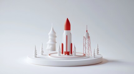Poster - Stylized 3D render of a rocket launch site with minimalist design.