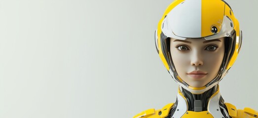 Poster - Futuristic humanoid robot with yellow helmet and suit, showcasing advanced technology and design, realistic facial features, and sleek appearance., copy space for text