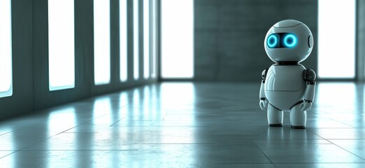 Poster - Cute robot standing in futuristic room, glowing blue eyes, sleek design, modern architecture, bright lighting, minimalistic environment, copy space for text