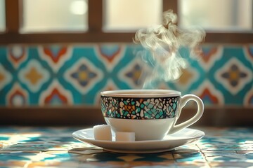 Poster - Steaming cup of tea on a tiled surface near a window.