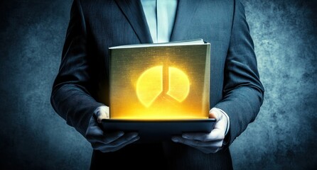 Poster - Businessman holding a glowing book with a pie chart.