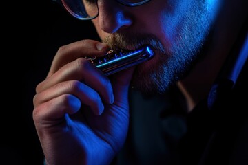 Poster - Close-up of a man playing a silver flute in blue light.