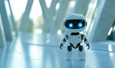Poster - Cute robot with blue eyes in futuristic environment, small humanoid design, sleek white body, standing on reflective surface, modern architecture in background