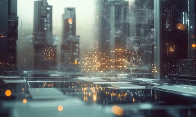Poster - futuristic cityscape with digital elements, glowing lights, and abstract structures. high-tech envir