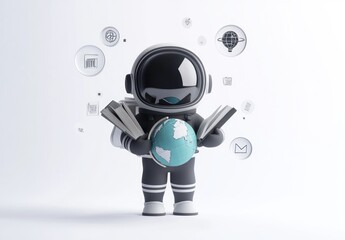 Poster - Astronaut studying Earth globe with books and digital icons.
