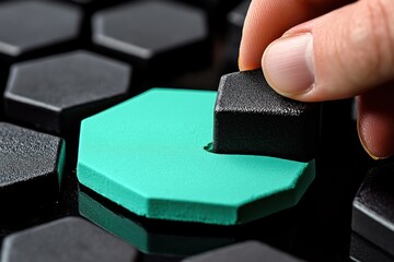Poster - Hand placing black cube on teal hexagon puzzle piece.