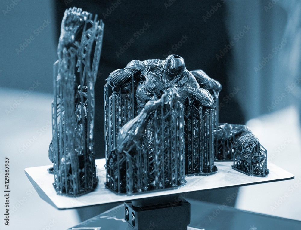 Black model with supports printed on 3D printer close-up. Part of ...