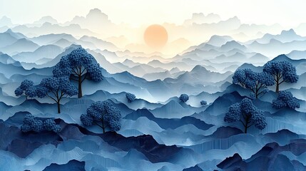 Poster - Calm blue mountain landscape at sunrise with layered hills and silhouettes of trees in serene ambiance