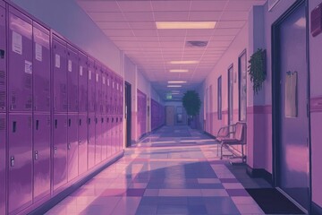 Poster - Empty school hallway with purple lockers, tiled floor, and plants.