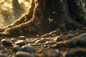 Aufkleber - Magical forest scene with fireflies swarming around ancient tree roots at sunset.