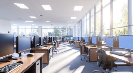 Poster - Sunlit modern office with many computers and desks.