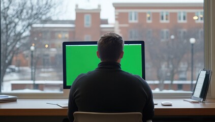 Poster - Man sits at desk facing green screen computer, winter city view.