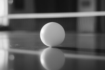 Poster - Close-up of a single white ping pong ball on a reflective table.