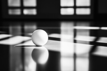Poster - A single white ball sits on a shiny floor, illuminated by sunlight streaming through large windows.