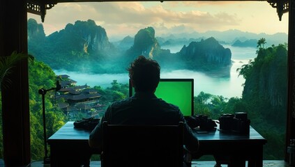 Aufkleber - Man works on computer with stunning mountain view.
