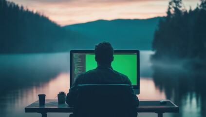 Aufkleber - Man working on computer with green screen facing serene lake at sunrise.