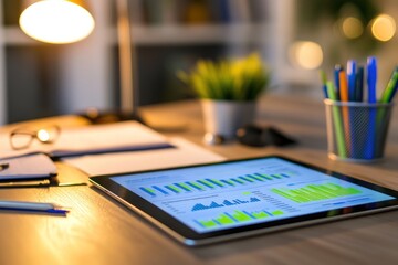 Poster - Tablet displaying financial graphs on a desk at night.
