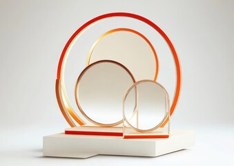 Poster - Abstract 3D rendering of orange and gold circles and mirrors on white platform.