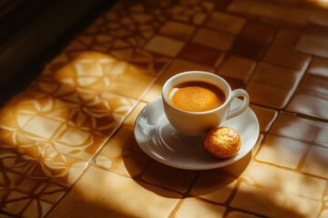 Poster - Espresso coffee in a white cup with a small pastry on a patterned tile surface, sunlit.