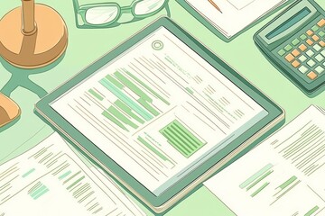 Poster - Tablet displaying financial report on desk with documents, glasses, calculator, and lamp.