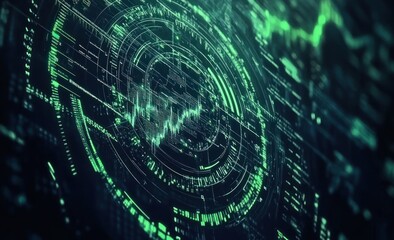 Aufkleber - Abstract digital data visualization with green glowing lines and circular patterns on dark background.
