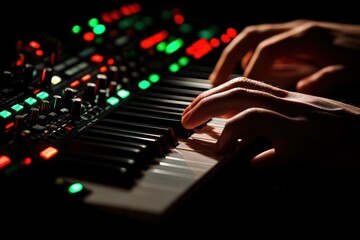 Poster - Close-up of hands playing a synthesizer keyboard in low light.
